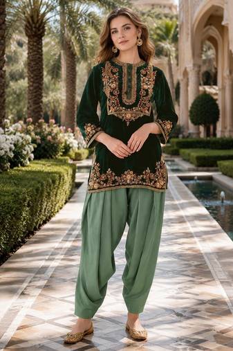 Green embroidery sequin & thread work velvet salwar suit