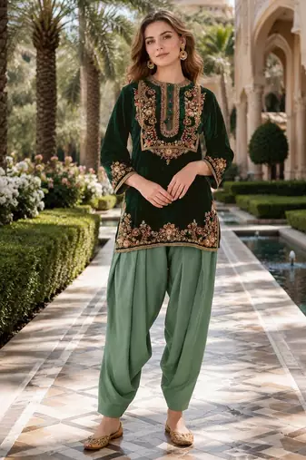 Green embroidery sequin & thread work velvet salwar suit