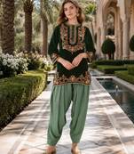 Green embroidery sequin & thread work velvet salwar suit