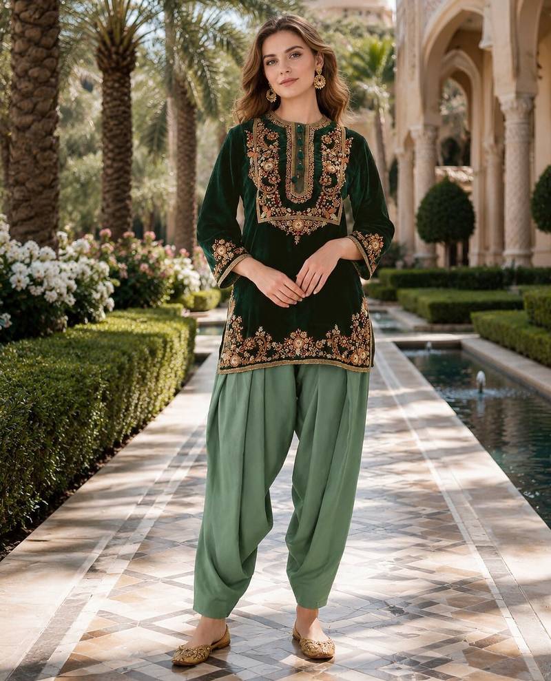 Green embroidery sequin & thread work velvet salwar suit