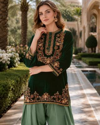 Green embroidery sequin & thread work velvet salwar suit 2
