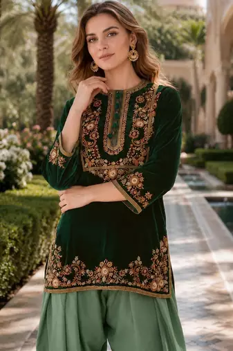 Green embroidery sequin & thread work velvet salwar suit