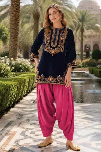 Black-red embroidery sequin & thread work velvet salwar suit