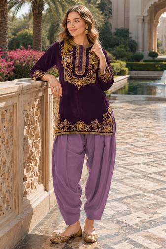 Lavener-puple embroidery sequin & thread work velvet salwar suit