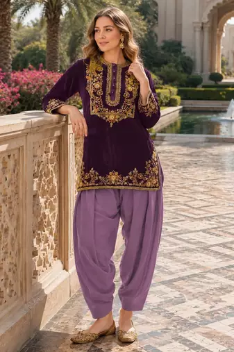 Lavener-puple embroidery sequin & thread work velvet salwar suit