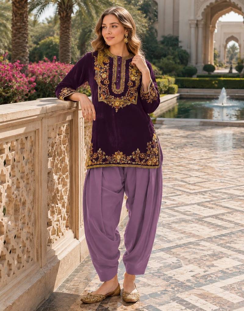Lavener-puple embroidery sequin & thread work velvet salwar suit