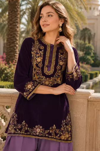 Lavener-puple embroidery sequin & thread work velvet salwar suit