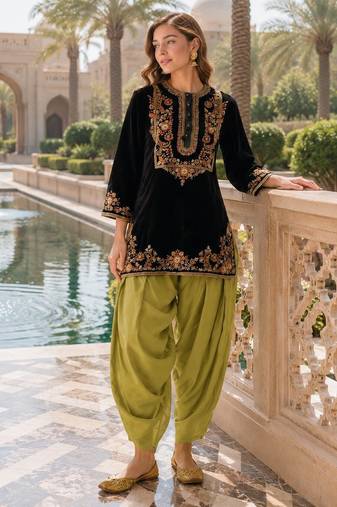 Mustard-black embroidery sequin & thread work velvet salwar suit