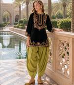 Mustard-black embroidery sequin & thread work velvet salwar suit
