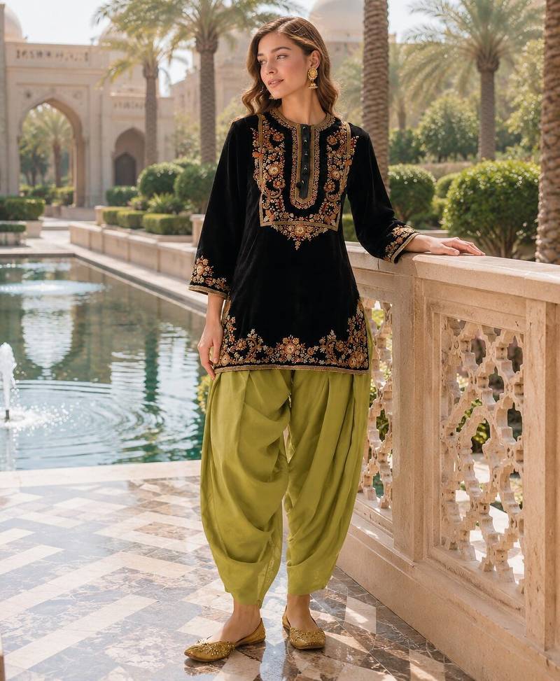 Mustard-black embroidery sequin & thread work velvet salwar suit