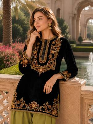 Mustard-black embroidery sequin & thread work velvet salwar suit 2
