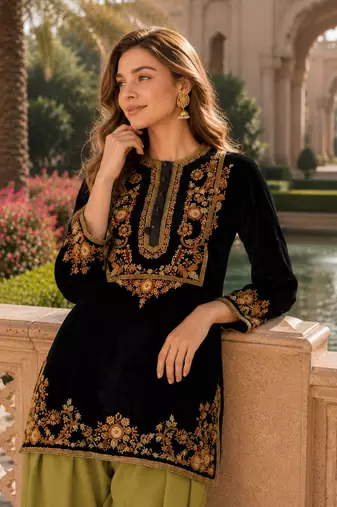 Mustard-black embroidery sequin & thread work velvet salwar suit