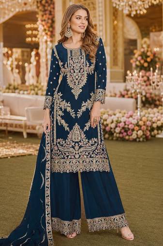 Teal chinon plazzo suit with codding dori & sequin work