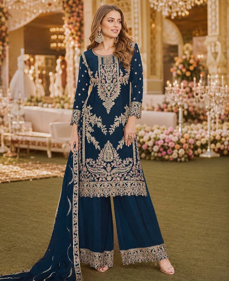 Teal chinon plazzo suit with codding dori & sequin work