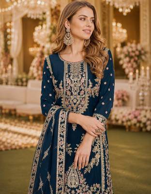 Teal chinon palazzo suit with codding dori & sequin work 2