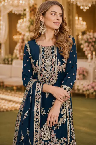 Teal chinon plazzo suit with codding dori & sequin work