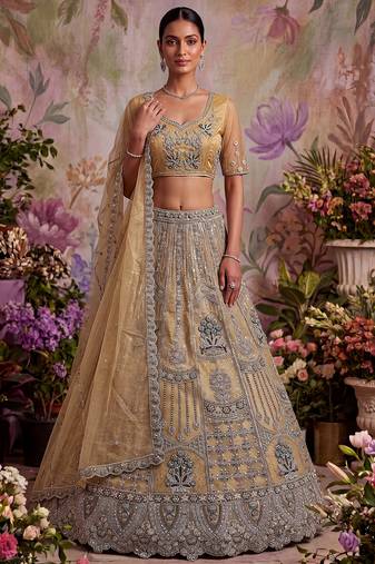Royal Beige Zari Work Net Wedding Wear Lehenga Choli With Dupatta