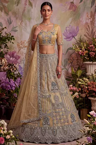 Royal Beige Zari Work Net Wedding Wear Lehenga Choli With Dupatta