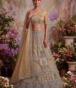 Royal Beige Zari Work Net Wedding Wear Lehenga Choli With Dupatta