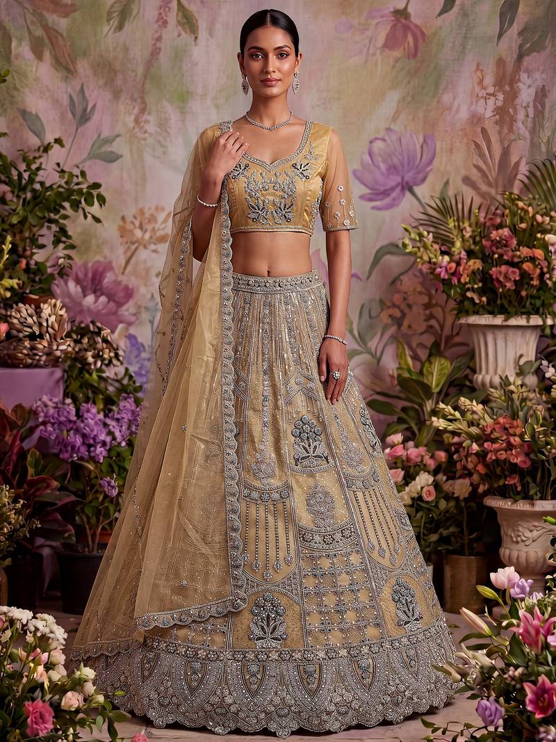 Royal Beige Zari Work Net Wedding Wear Lehenga Choli With Dupatta