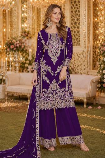 Purple chinon plazzo suit with codding dori & sequin work