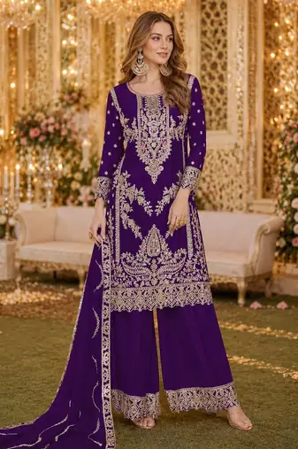 Purple chinon plazzo suit with codding dori & sequin work