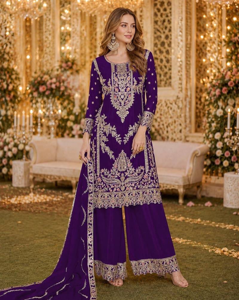 Purple chinon plazzo suit with codding dori & sequin work