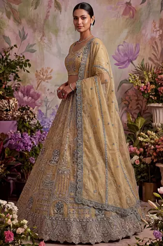 Royal Beige Zari Work Net Wedding Wear Lehenga Choli With Dupatta