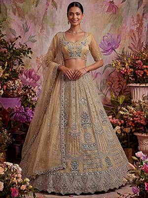 Royal Beige Zari Work Net Wedding Wear Lehenga Choli With Dupatta 3