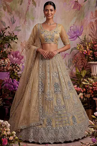 Royal Beige Zari Work Net Wedding Wear Lehenga Choli With Dupatta