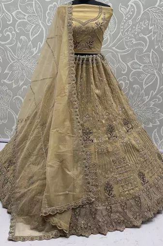 Royal Beige Zari Work Net Wedding Wear Lehenga Choli With Dupatta