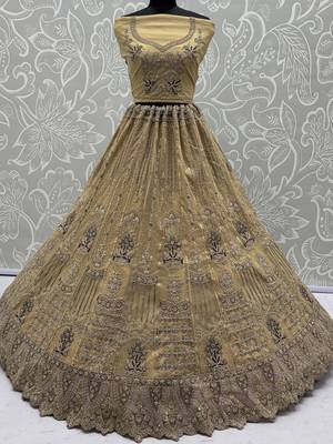 Royal Beige Zari Work Net Wedding Wear Lehenga Choli With Dupatta 5
