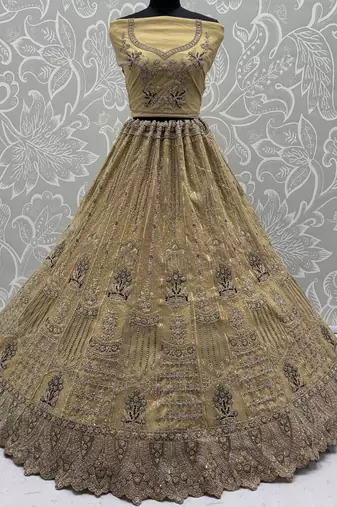 Royal Beige Zari Work Net Wedding Wear Lehenga Choli With Dupatta