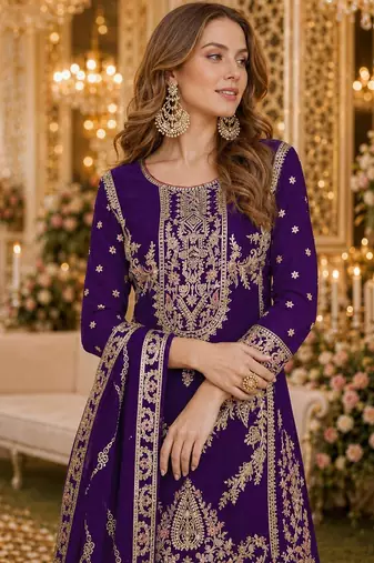 Purple chinon plazzo suit with codding dori & sequin work