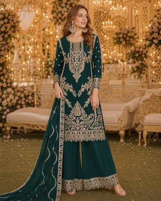 Green chinon palazzo suit with codding dori & sequin work 1