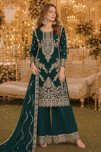 Green chinon plazzo suit with codding dori & sequin work