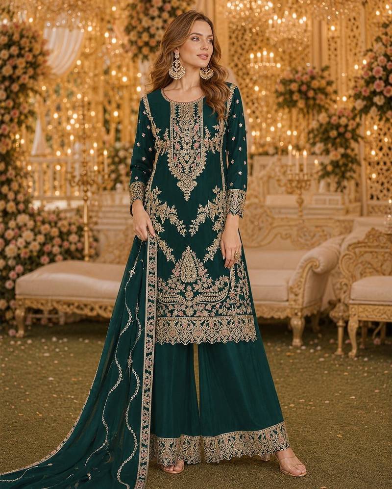 Green chinon plazzo suit with codding dori & sequin work