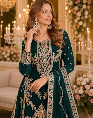 Green chinon palazzo suit with codding dori & sequin work 2