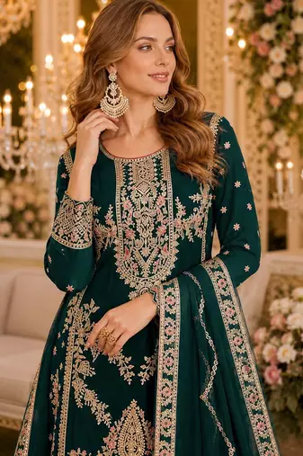 Green chinon plazzo suit with codding dori & sequin work