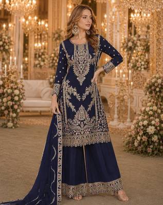 Navy blue chinon palazzo suit with codding dori & sequin work 1