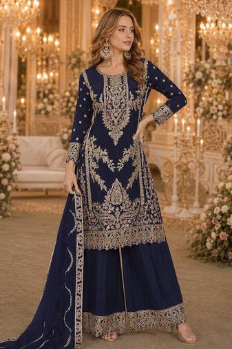 Navy blue chinon plazzo suit with codding dori & sequin work