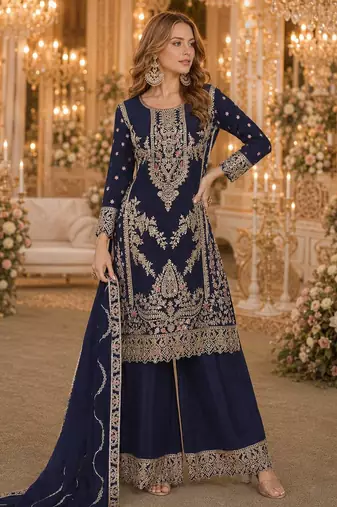 Navy blue chinon plazzo suit with codding dori & sequin work