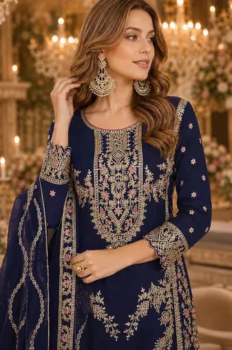 Navy blue chinon plazzo suit with codding dori & sequin work