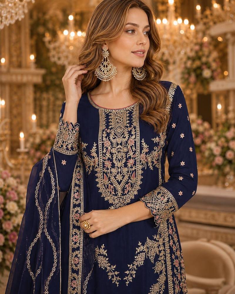 Navy blue chinon plazzo suit with codding dori & sequin work