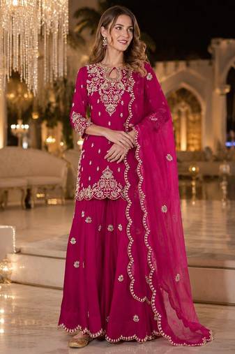 Magenta vichitra suit with embroidered viscose thread jari & sequin work