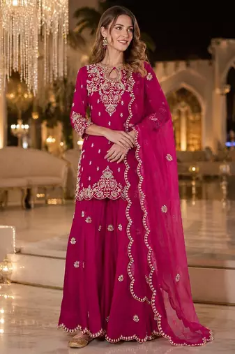 Magenta vichitra suit with embroidered viscose thread jari & sequin work