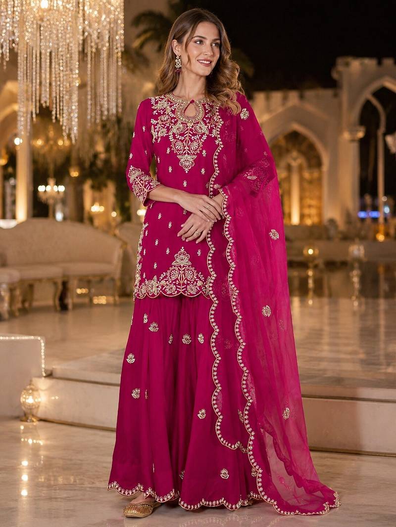 Magenta vichitra suit with embroidered viscose thread jari & sequin work
