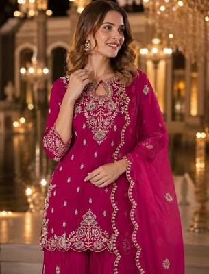 Magenta vichitra suit with embroidered viscose thread jari & sequin work 2