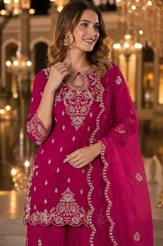 Magenta vichitra suit with embroidered viscose thread jari & sequin work