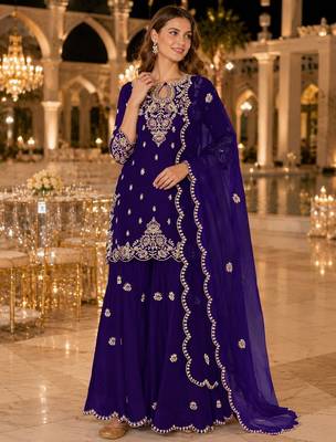 Purple vichitra suit with embroidered viscose thread jari & sequin work 1